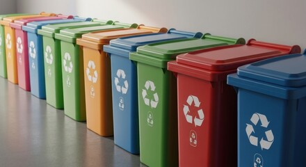 Row of vibrant recycling bins with lids against a light wall