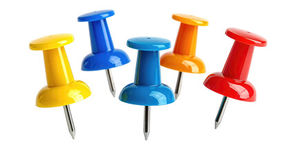 Four colorful pushpins stand together, yellow, blue, orange, and red, against a stark black background