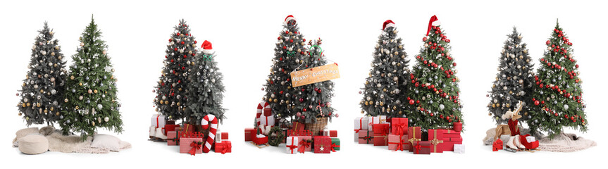 Set of many decorated Christmas trees on white background