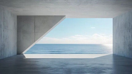Fototapeta premium Abstract empty, modern concrete room with light diagonal wall opening with ocean view on the back wall