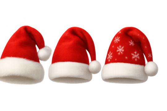 Christmas santa hats, three red traditional holiday caps with white fur and snowflakes, transparent background