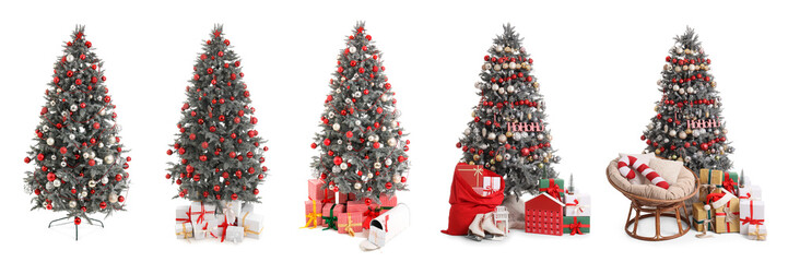 Set of many decorated Christmas trees on white background
