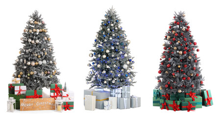 Set of decorated Christmas trees on white background