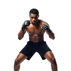Powerful young adult African American male athlete in a dynamic fighting stance, wearing fingerless MMA gloves, showcasing strength and determination against a stark transparent background