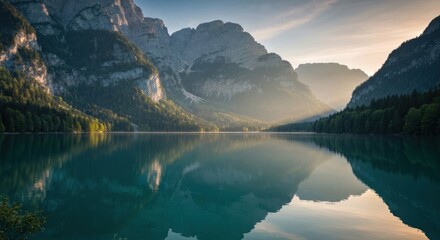 Serene lake reflecting tall mountains framed by forests, bathed in soft sunlight