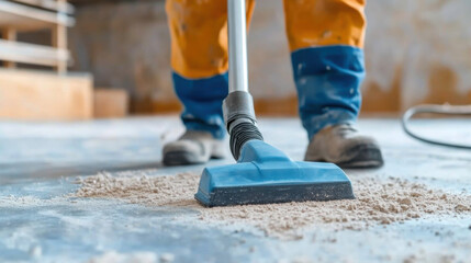 worker cleaning a floor with a vacuum, demonstrating cleanliness and attention to detail in a construction site