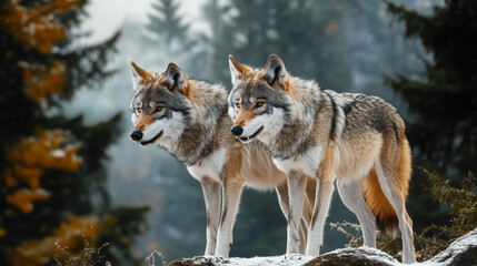 Fototapeta premium Timber wolf hunting in mountain