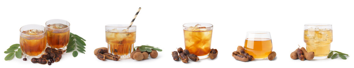 Collage of tasty tamarind drink in glasses on white background
