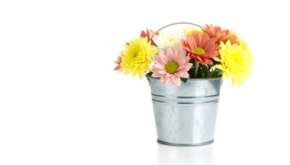 Colorful flowers in a tin bucket