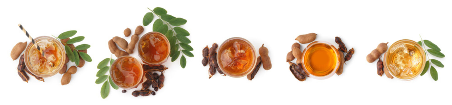 Collage of tasty tamarind drink in glasses on white background, top view