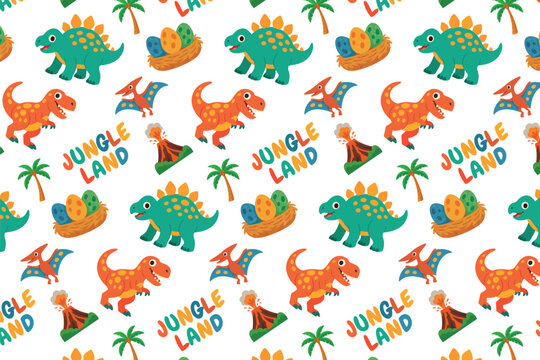 Cute dinosaur seamless pattern vector. "Jungle Land" cartoon background with T-Rex, volcano, and palm tree for kids' fabric print