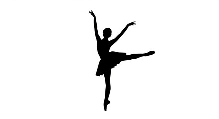 Silhouette of a ballerina in a tutu performing an arabesque ballet pose with arms raised elegantly high