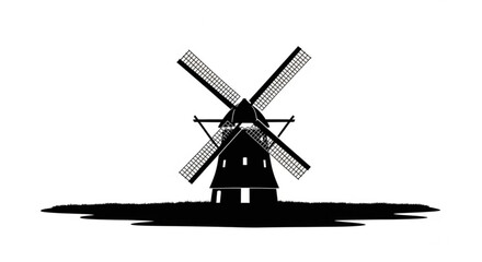 Silhouette of a traditional windmill with four blades standing on a grassy landscape scene art