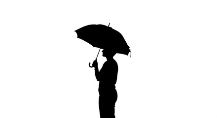 Silhouette of a person holding an umbrella against a plain white background in a side profile view