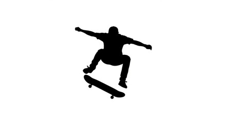 Silhouette of a skateboarder performing a jump trick with arms extended for balance on a white background