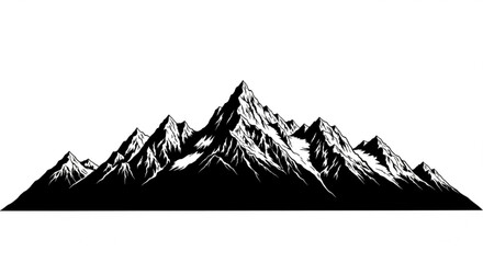 Black and white mountain range silhouette with jagged peaks and snow capped ridges in a panoramic view