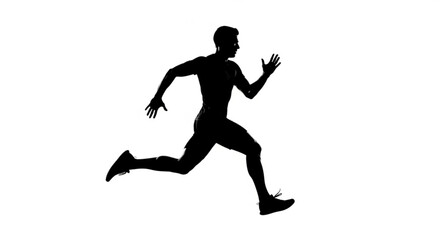 Silhouette of a man running at full speed with his arms raised and legs extended in a white background