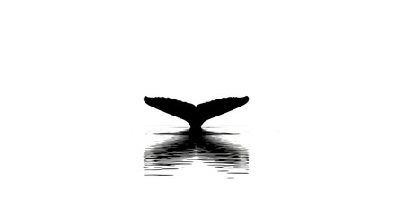 Silhouette of a whale tail emerging from the water with a reflection in a minimalist black and white image