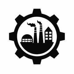 Stylized black vector silhouette of a gear combined with a factory skyline, clean minimal shapes, white background, editable for industrial logo conce