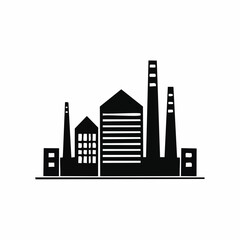 Stylized black vector silhouette of an industrial complex with multiple factory buildings, smooth simple lines, white background, editable for modern logo design
