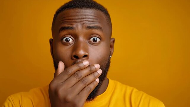 Shocked man surprised expression dark skinned male yellow background emotional portrait hand over mouth young man surprised with hand over mouth