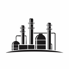 Stylized black vector silhouette of a refinery with tanks and chimneys, elegant smooth lines, clean white background, editable vector for minimalist 