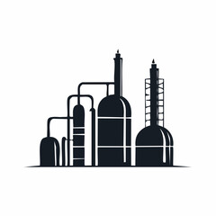 Stylized black vector silhouette of a refinery with tanks and chimneys, elegant smooth lines, clean white background, editable vector for minimalist 