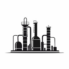 Stylized black vector silhouette of a refinery with tanks and chimneys, elegant smooth lines, clean white background, editable vector for minimalist 