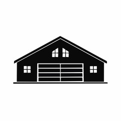 Stylized black vector silhouette of a warehouse factory building with simple roof lines and vents, clean curves, white background, editable for logo