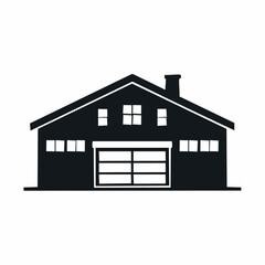 Stylized black vector silhouette of a warehouse factory building with simple roof lines and vents, clean curves, white background, editable for logo