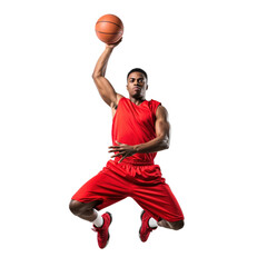 Naklejka premium Dynamic shot of a young adult African American man in a red basketball uniform jumping with a ball, isolated on a transparent background.