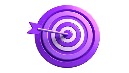 A glossy purple and white target with an arrow in the center, set against a black background