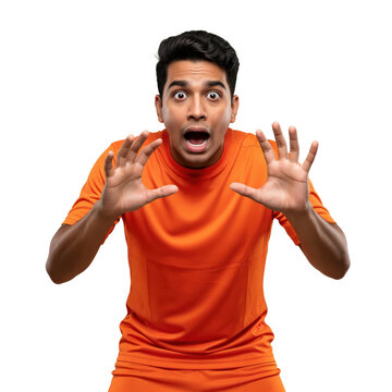 Shocked young South Asian man in orange t-shirt with hands raised in a defensive gesture against a transparent background, expressing fear or surprise.