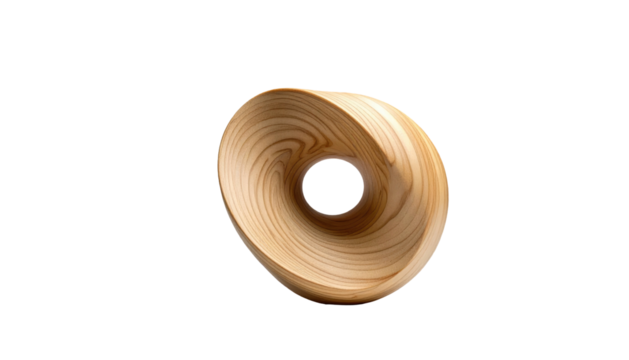 Wooden torus, hollow center, wood grain visible, isolated against a black background, soft light highlights curves and texture