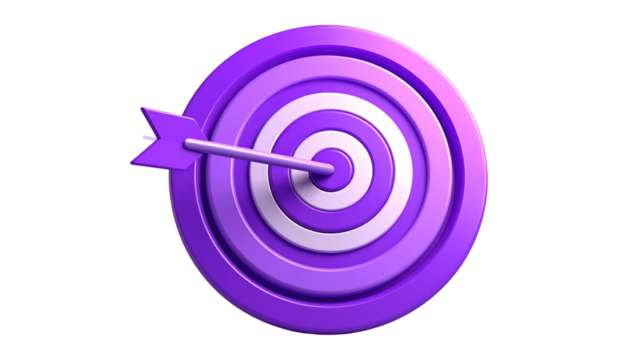 A glossy purple and white target with an arrow in the center, set against a black background