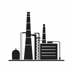 Stylized black vector silhouette of an energy plant with pipes and towers, minimal smooth shapes, white background, editable for modern industrial