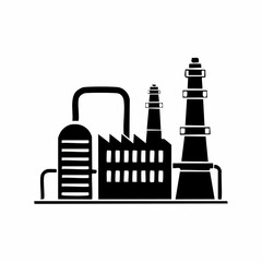 Stylized black vector silhouette of an energy plant with pipes and towers, minimal smooth shapes, white background, editable for modern industrial