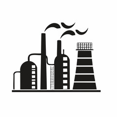 Stylized black vector silhouette of a manufacturing factory with smoke stacks and curved roof shapes, clean design, white background, editable for lo