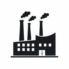 Stylized black vector silhouette of a manufacturing factory with smoke stacks and curved roof shapes, clean design, white background, editable for lo