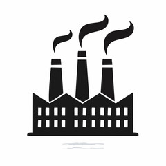 Stylized black vector silhouette of a manufacturing factory with smoke stacks and curved roof shapes, clean design, white background, editable for lo