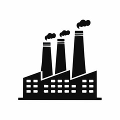 Stylized black vector silhouette of a manufacturing factory with smoke stacks and curved roof shapes, clean design, white background, editable for lo