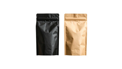 Two sealed pouches, one black and one brown, stand against a stark black background