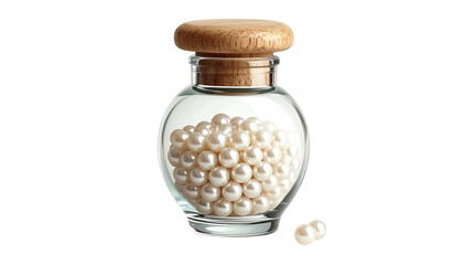 A glass jar is filled with many white, luminous pearls, sealed with a wooden stopper, isolated on a black backdrop