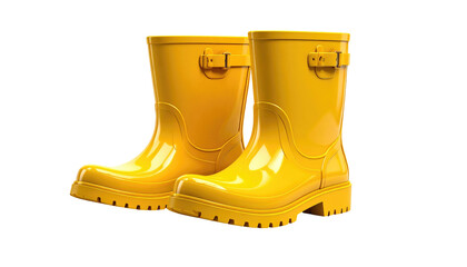 Two bright yellow rain boots stand beside each other on a black background