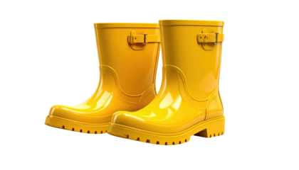 Two bright yellow rain boots stand beside each other on a black background