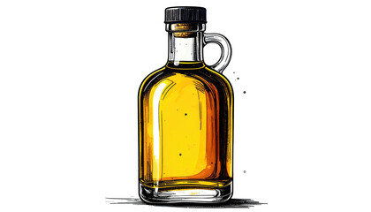 Clear, rounded bottle filled with golden liquid sits against a black backdrop. Hand-drawn, textured style