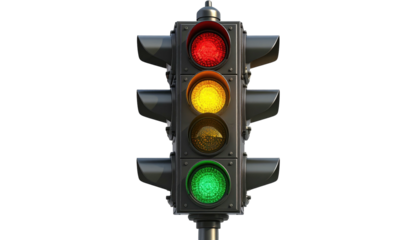 Illuminated traffic signal showing red, yellow, and green lights on black background