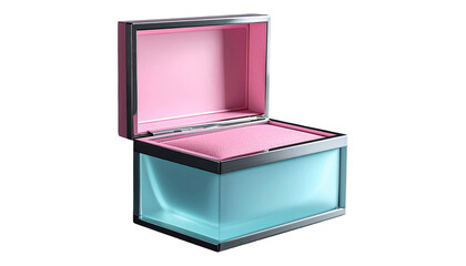 Opened, translucent teal box trimmed with metal reveals plush pink interior. Isolated against a stark black background