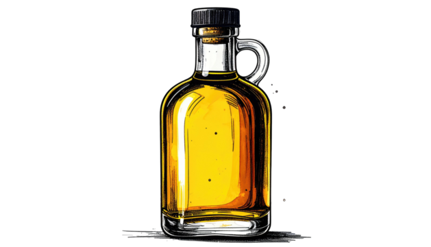 Clear, rounded bottle filled with golden liquid sits against a black backdrop. Hand-drawn, textured style