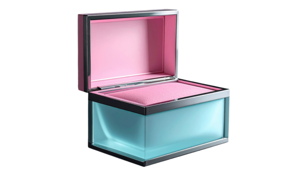 Opened, translucent teal box trimmed with metal reveals plush pink interior. Isolated against a stark black background